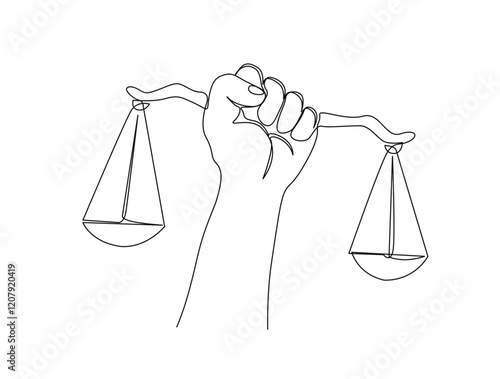 Continuous one line drawing of hand holding judicial scales or law scales. Libra symbol in single outline vector illustration. Editable stroke.