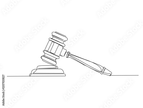 Continuous one line drawing of judge's hammer put over the the block. Law hammer in single outline vector illustration. Editable stroke.
