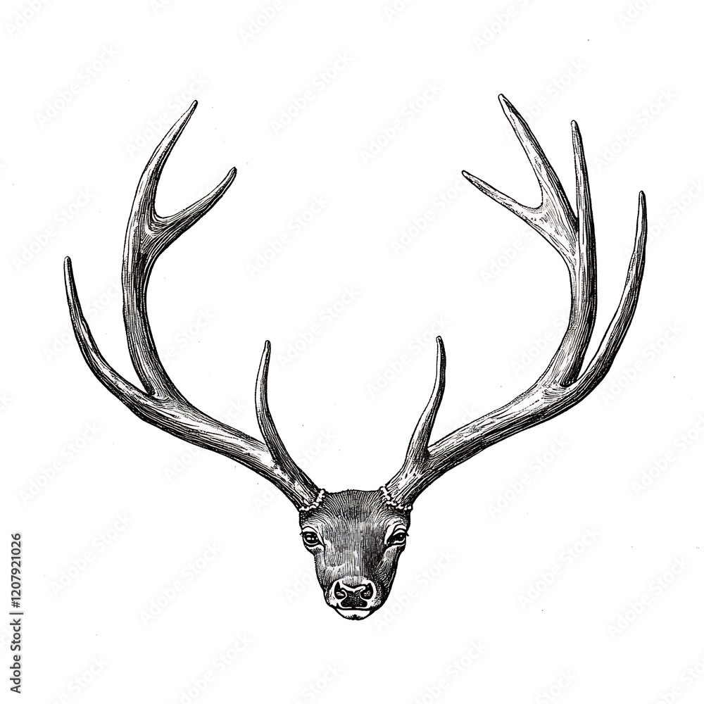 Fototapeta premium Majestic deer antlers and head, monochrome illustration.