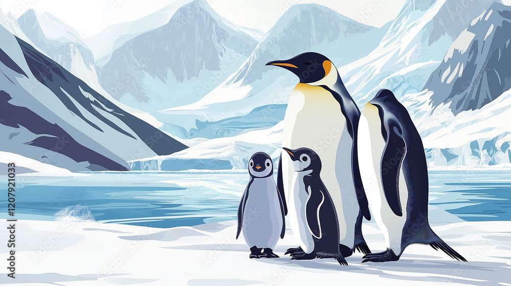 Fototapeta premium A penguin with its babies standing of an ice land.