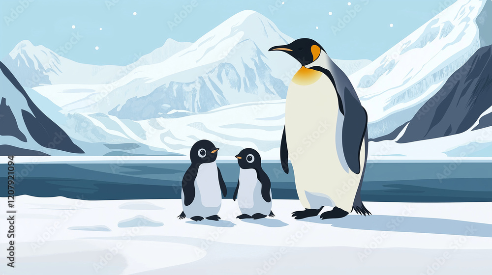 Fototapeta premium A penguin with its babies standing of an ice land.