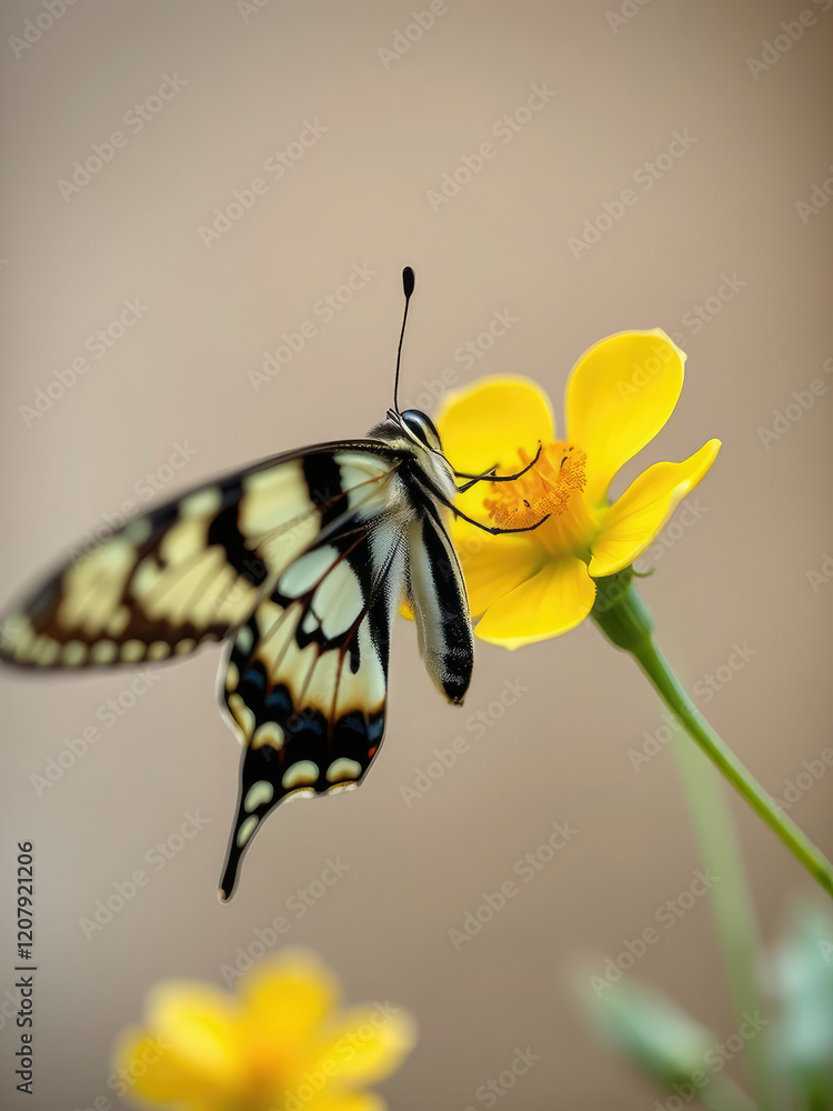 Fototapeta premium Close-up of zebra swallowtail butterfly on vibrant yellow flowers, fluttering, colorful