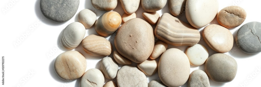 Close-up of individual sea pebbles isolated on a plain white background highlighting their patterns and hues, small stones, beachcombing, mineralogy Close-up of individual sea pebbles isolated on a plain white background highlighting their patterns and hues, small stones, beachcombing, mineralogy