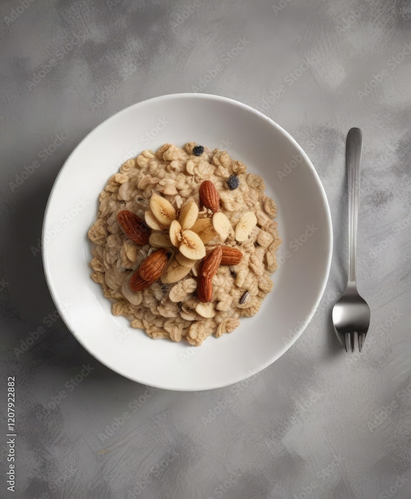 Close-up of a white plate with oatmeal against grey surface, Clean meal, Balanced diet, Simple pleasure Close-up of a white plate with oatmeal against grey surface, Clean meal, Balanced diet, Simple pleasure