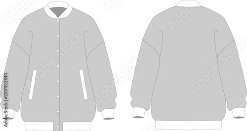 A technical drawing template for a possible oversized bomber jacket with buttons. Illustration. Front and back view, Black and white color, Unisex, Oversized.