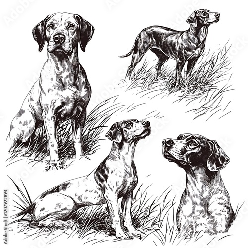 Four hunting dog sketches in various poses. photo