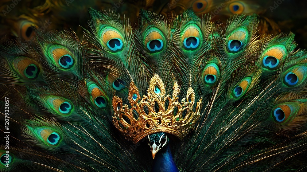 Obraz premium A collection of vibrant peacock feathers arranged artistically around a golden crown, symbolizing the spirit of Krishna Janmashtami.