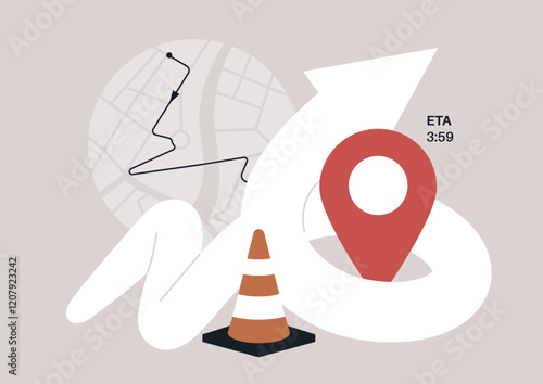 Colorful abstract depiction featuring orange traffic cones and arrows, symbolizing navigation and road direction in a modern, artistic design that inspires movement and progress