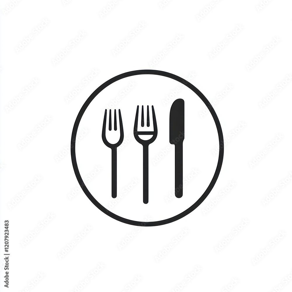 Two forks and a knife, isolated, on a circle for restaurant, food service, or menu use Two forks and a knife, isolated, on a circle for restaurant, food service, or menu use