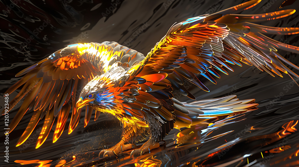 Obraz premium A glowing metallic phoenix in motion with glowing wings