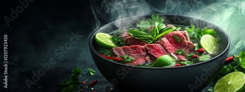 Aromatic beef pho, tender slices, vibrant herbs, zesty lime, inviting backdrop for promotions, warm and comforting vibes photo