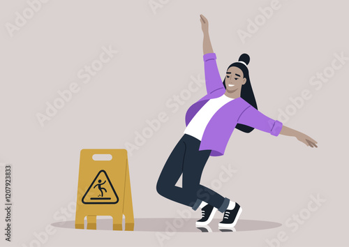 A young person stylishly attempts to balance on a wet floor, displaying agility and joy while a caution sign stands nearby, emphasizing the need for care in this spirited environment