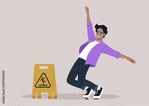 A young person stylishly attempts to balance on a wet floor, displaying agility and joy while a caution sign stands nearby, emphasizing the need for care in this spirited environment