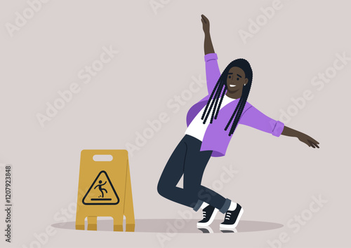 A young person stylishly attempts to balance on a wet floor, displaying agility and joy while a caution sign stands nearby, emphasizing the need for care in this spirited environment