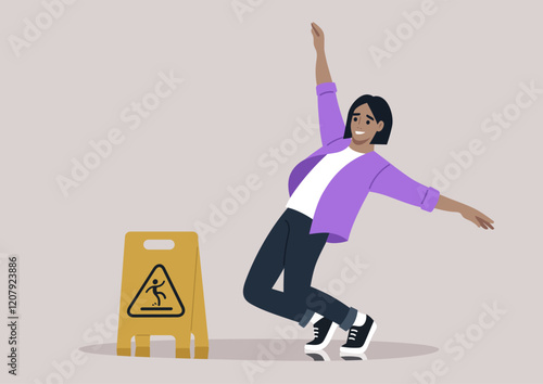 A young person stylishly attempts to balance on a wet floor, displaying agility and joy while a caution sign stands nearby, emphasizing the need for care in this spirited environment