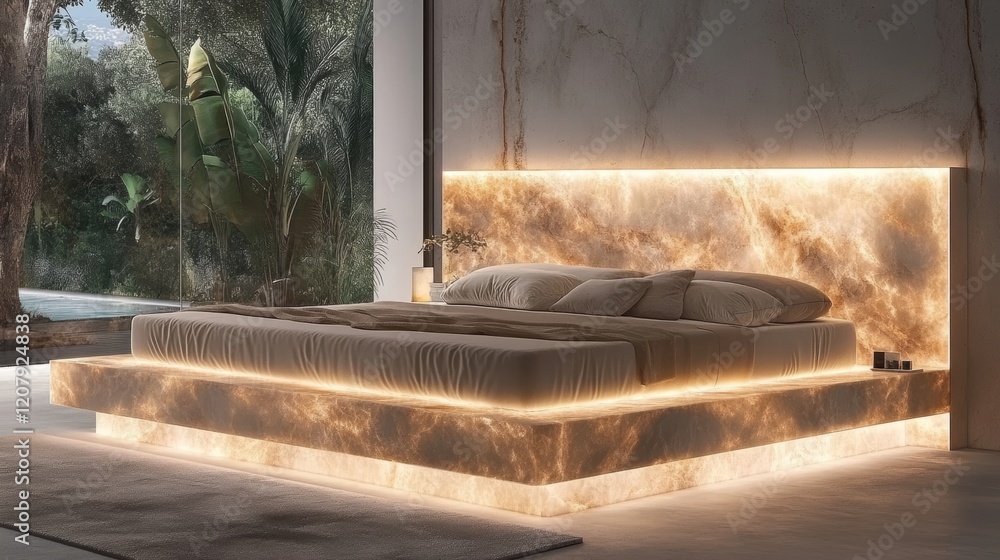 Luxurious Illuminated Marble Platform Bed in Modern Bedroom Luxurious Illuminated Marble Platform Bed in Modern Bedroom