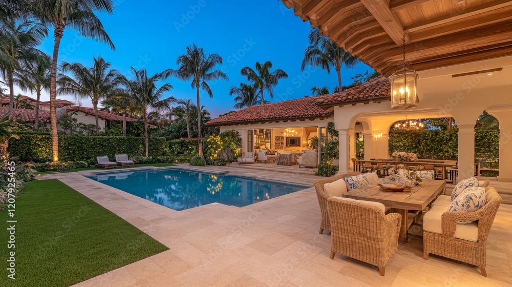 Fototapeta premium Luxurious Mediterranean Villa Evening Poolside Scene