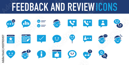 Set of Feedback and Review icon. Conversation, Good Review, Speak, Rate, Schedule, Web Page, Checked, Bad Feedback, User, Confusion, Faq, Report, Dissatisfied illustration. 