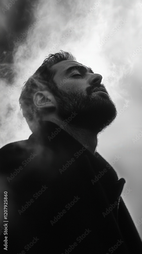 Silhouette of a bearded man in profile against misty clouds, captured in dramatic black and white, symbolizing introspection and mystery. Perfect for artistic and moody portrait themes. Silhouette of a bearded man in profile against misty clouds, captured in dramatic black and white, symbolizing introspection and mystery. Perfect for artistic and moody portrait themes.