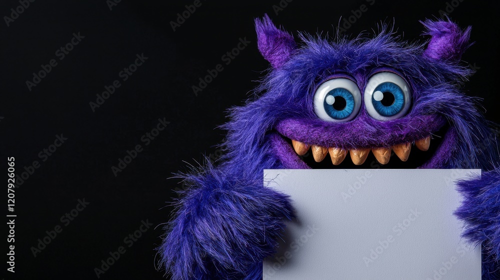 A purple monster with large expressive eyes and a big smile holds up a blank sign. Its fluffy texture and vibrant color add a fun element to the dark backdrop, creating an engaging atmosphere A purple monster with large expressive eyes and a big smile holds up a blank sign. Its fluffy texture and vibrant color add a fun element to the dark backdrop, creating an engaging atmosphere