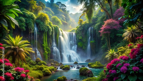 Surreal Rainforest Mountainside View, Dreamy Landscape, AI Art