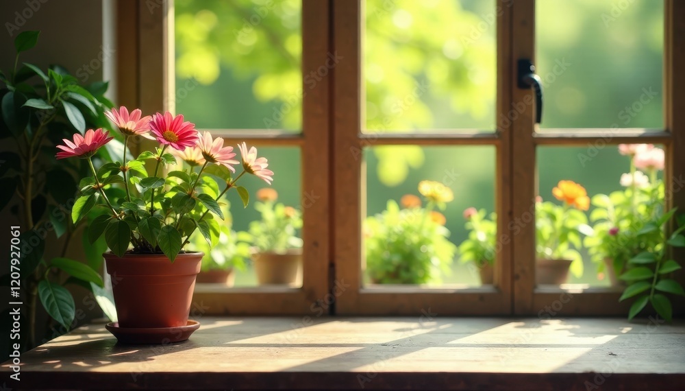 Fototapeta premium Dark wood table against soft focus summer window with vibrant flower pot on the left side, wooden table, soft focus, flower pot