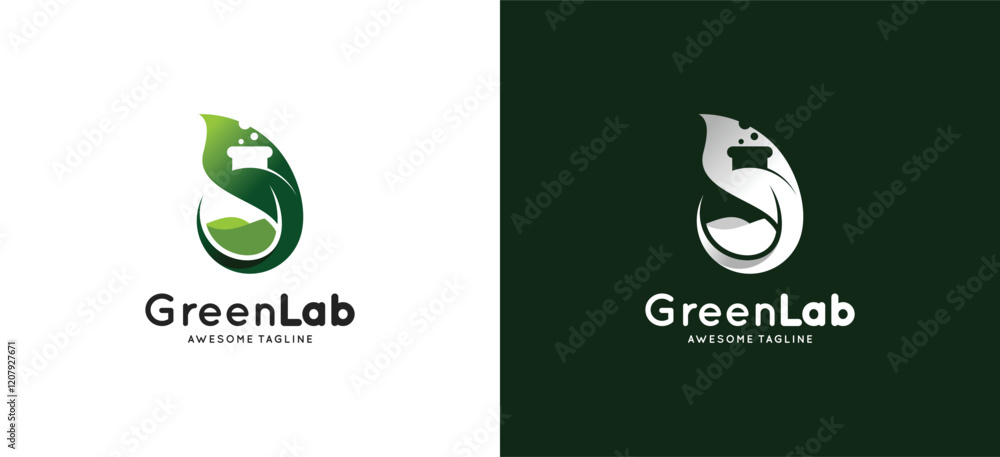 The green lab innovation science logo design combines leaf icons and glass bottle tubes The green lab innovation science logo design combines leaf icons and glass bottle tubes