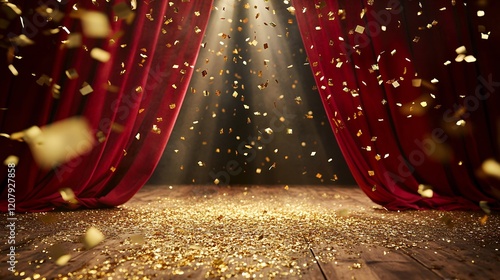 Festive Stage Setting Red Curtains Golden Confetti Award Ceremony Background