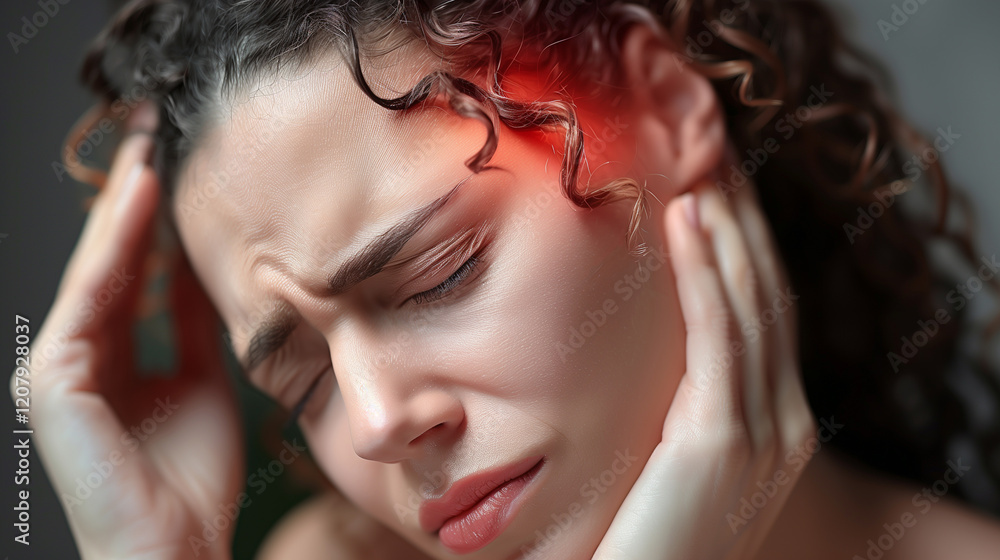 Obraz premium A woman experiencing intense headache, holding her head with a pained expression, highlighting the struggle with migraines