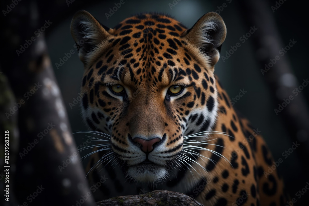 Fototapeta premium Jaguar close-up portrait on a dark background, realistic photography illustration in a low key style.