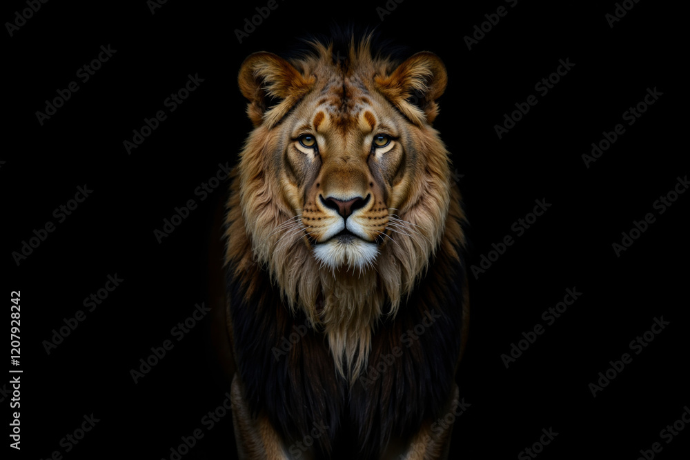 Lion front view portrait on a black background, realistic photography illustration in a low key style. Lion front view portrait on a black background, realistic photography illustration in a low key style.
