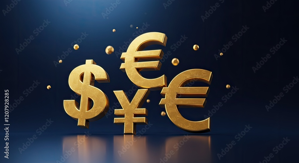 Global Currency Symbols: A trio of golden currency symbols - the dollar, euro, and yen - stand on a dark blue reflective surface, symbolizing international finance and global markets. Global Currency Symbols: A trio of golden currency symbols - the dollar, euro, and yen - stand on a dark blue reflective surface, symbolizing international finance and global markets.
