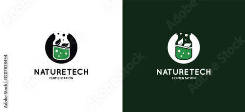 Biotechnology fermentation logo design with a glass icon covered in a leaf icon