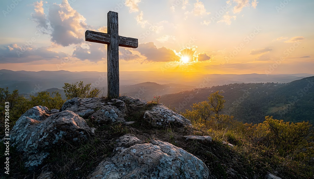 Serene Sunset Landscape Featuring a Wooden Cross on a Rocky Hilltop Surrounded by Lush Greenery and Scenic Mountains Under a Colorful Sky Serene Sunset Landscape Featuring a Wooden Cross on a Rocky Hilltop Surrounded by Lush Greenery and Scenic Mountains Under a Colorful Sky