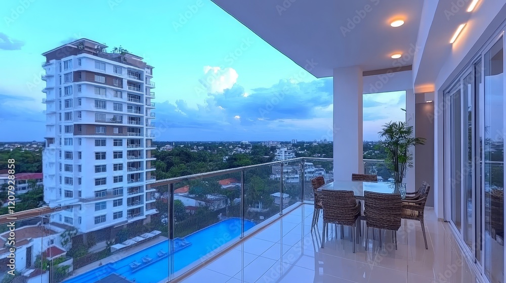 Naklejka premium Luxury Apartment Balcony Cityscape Evening View