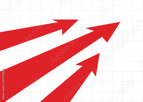 3 red business arrows moving forward and rising up to achieve goals and profits with grid background