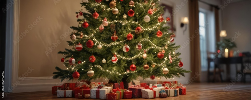 Christmas tree decorated with ornaments and lights, holiday, decoration, ornament Christmas tree decorated with ornaments and lights, holiday, decoration, ornament