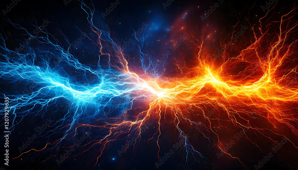 Fototapeta premium Electric Energy Abstract Art Blue and Orange Lightning Bolts with Glowing Background, Trendy and Fun Lifestyle with a Burst of Energy, Capturing the Latest Trends, Fun, Energy, Trend