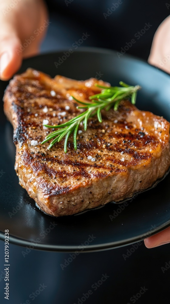 Hands hold a slate platter featuring two raw beef steaks, garnished with herbs and salt, highlighting the essence of cooking