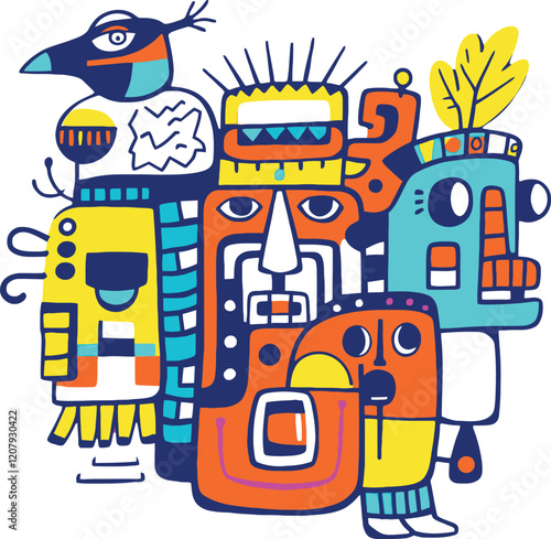 Imaginary colorful characters creating a totem pole composition