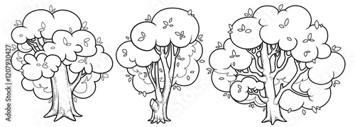 Three large deciduous trees with a lush crown outlined  for coloring page isolated on white background