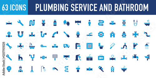 Set of 63 Plumbing Service and Bathroom icon. Kit, Faucet, Sewage, Utensils, Gauge, Faucet, Pipeline, Tap, Sink, Gauge, Plumber, Shower, Wrench, Gas Heater, Plumb, Wrench, Washroom illustration. 
