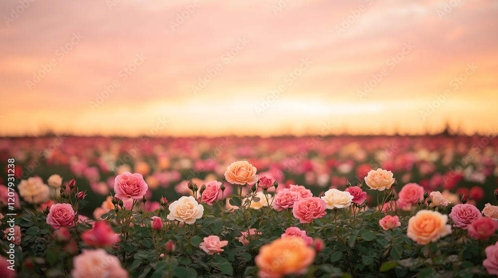 Fototapeta premium A rose garden at dusk with rows of colorful blooms under a pink-orange sky, the horizon providing an expansive area for copy