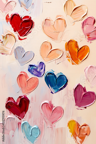 Valentines day, pattern, vibrant painting, hearts, pink, red, blue, green, LGBTQ, rainbow, cream tone, love, textured brushstrokes