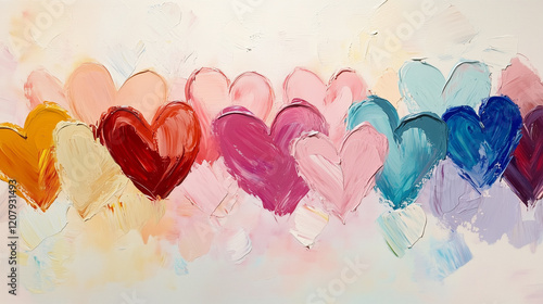 Valentines day, pattern, vibrant painting, hearts, pink, red, blue, green, LGBTQ, rainbow, cream tone, love, textured brushstrokes