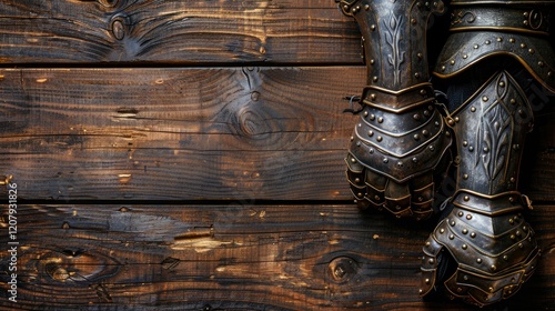 A close-up of medieval armor resting on a wooden surface, emphasizing craftsmanship and history.