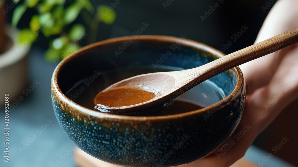 A person is stirring a thick sauce in a deep, textured bowl using a wooden spoon. Sunlight pours in, highlighting the vibrant colors of the sauce and the bowl's surface A person is stirring a thick sauce in a deep, textured bowl using a wooden spoon. Sunlight pours in, highlighting the vibrant colors of the sauce and the bowl's surface