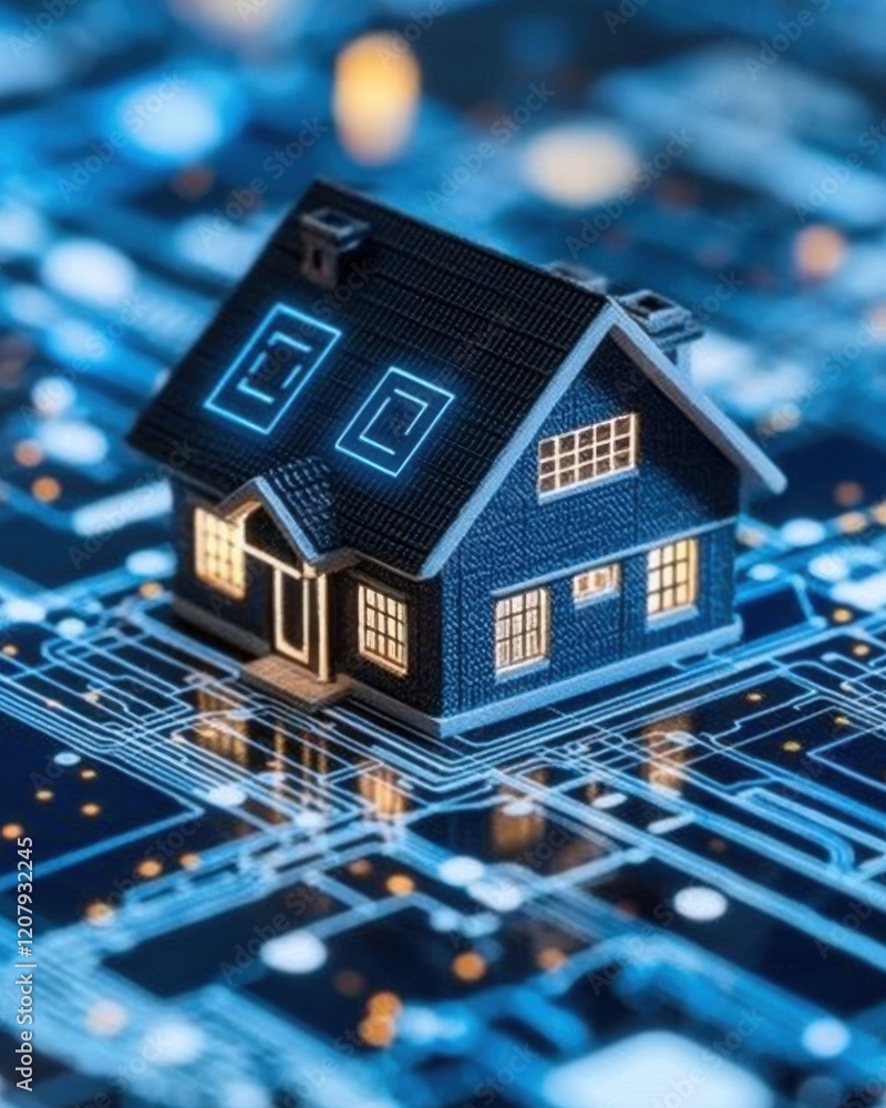 A miniature house sits atop a digital circuit board, symbolizing the intersection of technology and home. A miniature house sits atop a digital circuit board, symbolizing the intersection of technology and home.