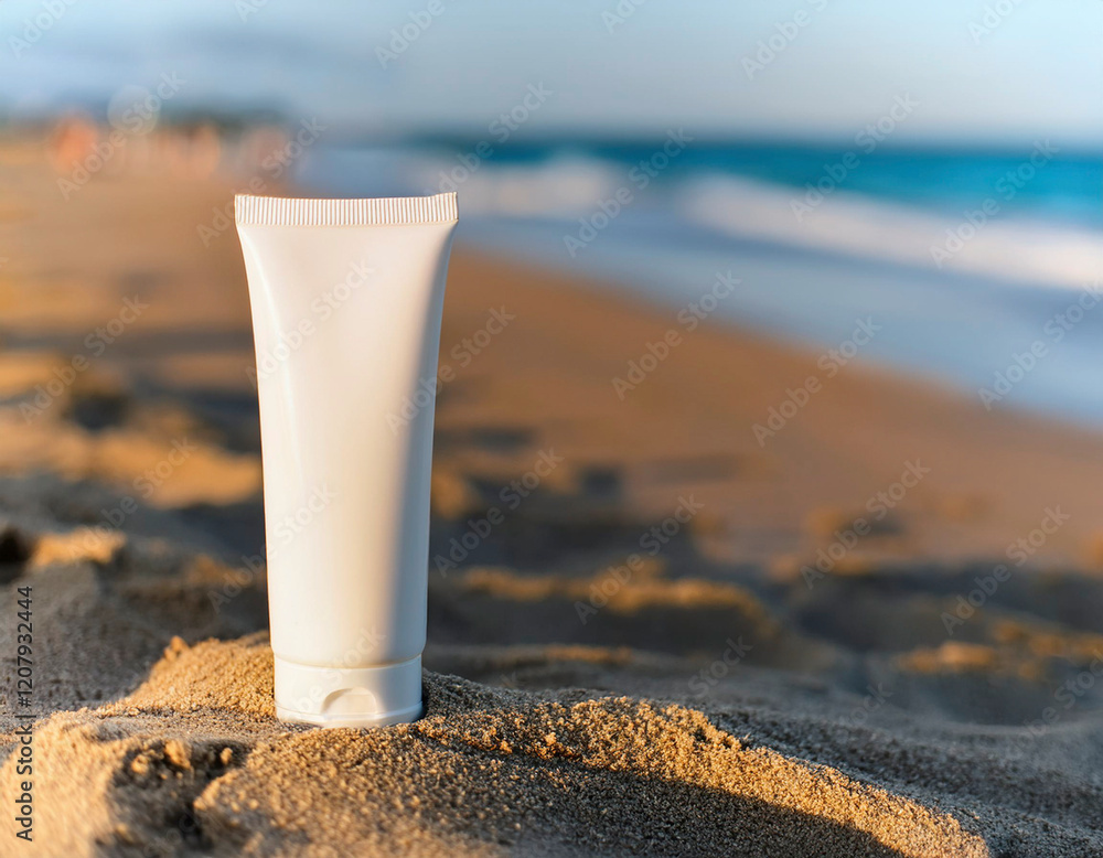 Summer cream mock up on sandy beach with ocean in the background