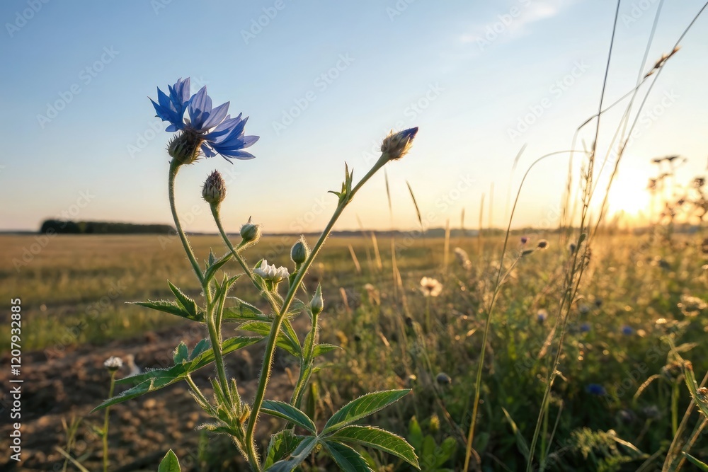 Fototapeta premium Blue flower in a field with warm sunlight, subtle color, blue, spring, field, gentle hues